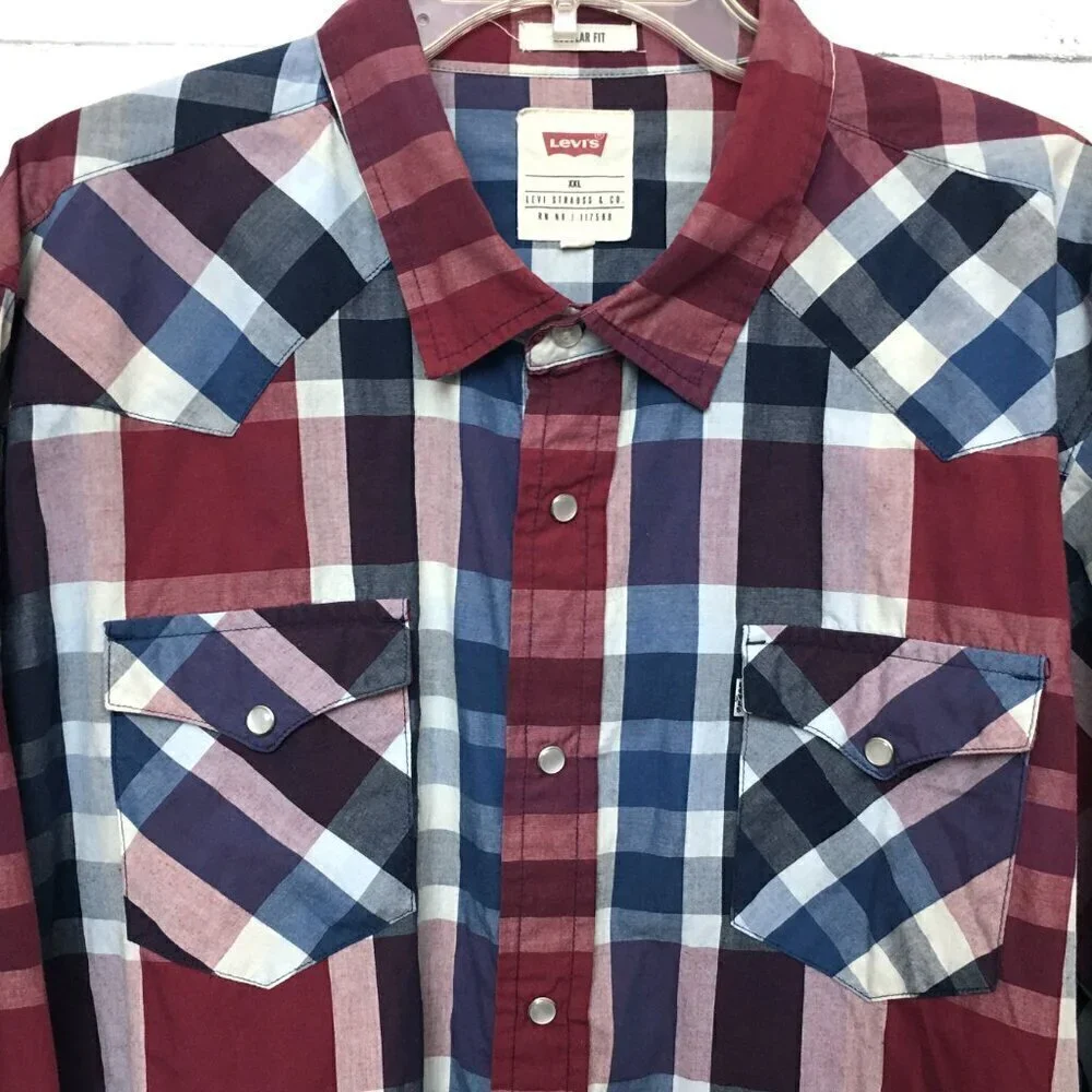 Levi's Shirt Men's Blue Burgundy Plaid Snap Front Long Sleeve Western XXL